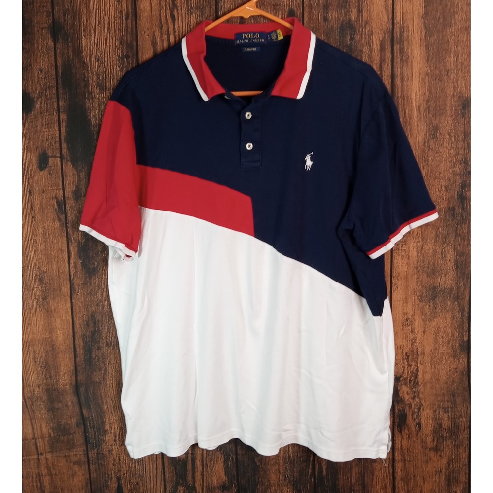 Polo Ralph Lauren Mens Large Classic Fit Colorblock Polo Shirt Navy Red White